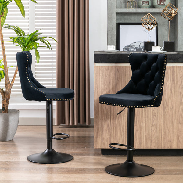 English Elm A&A Swivel Velvet Barstool with Tufted Back, Hand-Hemmed Detail, Riveted Trim, Sturdy 17.7" Base Black W114341202