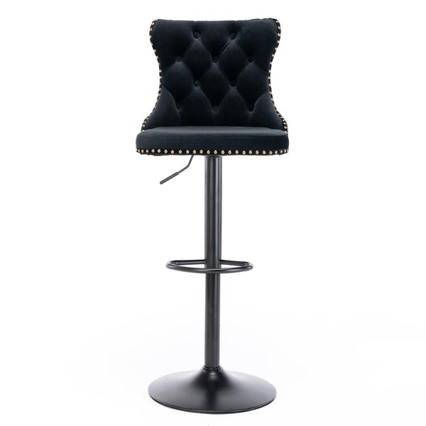 English Elm A&A Handcrafted Velvet Swivel Barstools Adjustable 25–33" Height Tufted Back with Rivets Black W114341202