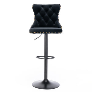 English Elm A&A Swivel Velvet Barstool with Tufted Back, Hand-Hemmed Detail, Riveted Trim, Sturdy 17.7" Base Black W114341202