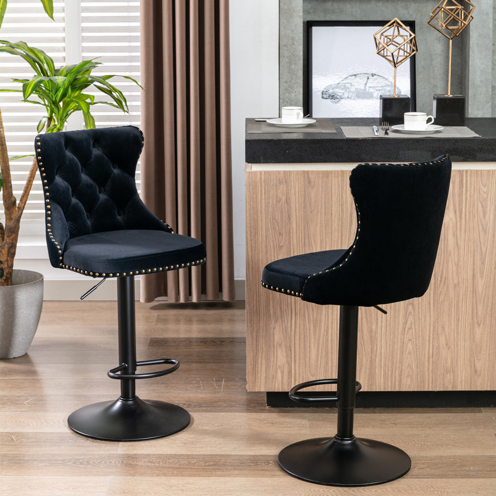 English Elm Swivel Velvet Tufted Barstools with Adjustable 25–33" Seat Height, 360° Chrome Base Luxury Black W1143P324532