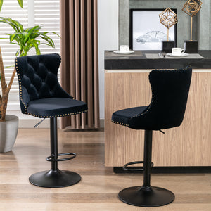 English Elm Swivel Velvet Tufted Barstools with Adjustable 25–33" Seat Height, 360° Chrome Base Luxury Black W1143P324532