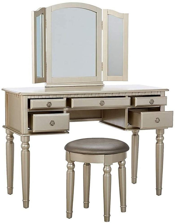 English Elm Bedroom Vanity Set with Foldable Mirror and Stool, Champagne Finish, Classic Hollywood Glam Design, Storage Drawer Silver 48 L x 24 W x 18 H HS00F4079-ID-AHD