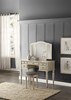 English Elm Bedroom Vanity Set with Foldable Mirror and Stool, Champagne Finish, Classic Hollywood Glam Design, Storage Drawer Silver 48 L x 24 W x 18 H HS00F4079-ID-AHD