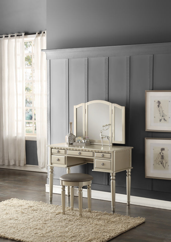 English Elm Bedroom Vanity Set with Foldable Mirror and Stool, Champagne Finish, Classic Hollywood Glam Design, Storage Drawer Silver 48 L x 24 W x 18 H HS00F4079-ID-AHD