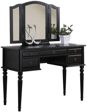 English Elm Bedroom Vanity Set with Foldable Mirror and Stool, Champagne Finish, Classic Hollywood Glam Design, Storage Drawer Black 48 L x 24 W x 18 H HS00F4072-ID-AHD