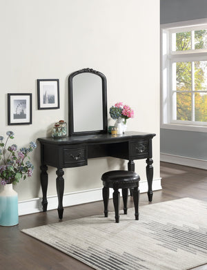 English Elm Bedroom Classic Vanity Set with Carved Mirror, Cushioned Stool & Drawers — Vintage Charm, Elegant Storage Black 27 L x 59.5 W x 19 H HS00F4009-ID-AHD
