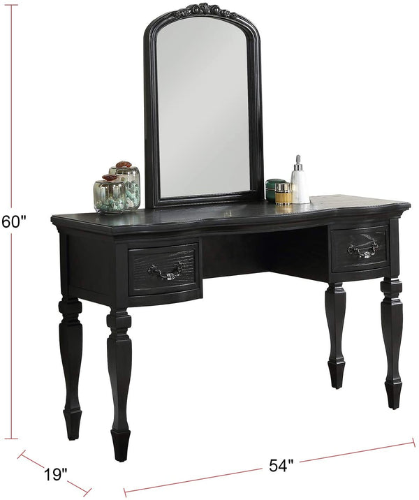 English Elm Bedroom Classic Vanity Set with Carved Mirror, Cushioned Stool & Drawers — Vintage Charm, Elegant Storage Black 27 L x 59.5 W x 19 H HS00F4009-ID-AHD