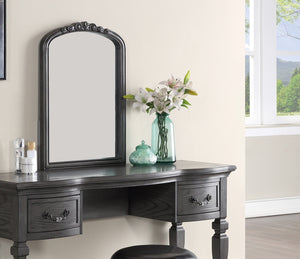 English Elm Bedroom Classic Vanity Set with Carved Mirror, Cushioned Stool & Drawers — Vintage Charm, Elegant Storage Grey 27 L x 59.5 W x 19 H HS00F4005-ID-AHD