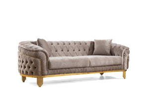English Elm VANESSA Glam 3PC Taupe Living Room Set – Velvet Button-Tufted Sofa, Loveseat & Chair w/ Gold Legs B009S01943
