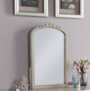 English Elm Bedroom Classic Vanity Set with Carved Mirror, Upholstered Stool & Drawers — Vintage Chic Finish HS00F4010-ID-AHD