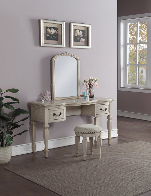 English Elm Bedroom Classic Vanity Set with Carved Mirror, Upholstered Stool & Drawers — Vintage Chic Finish HS00F4010-ID-AHD