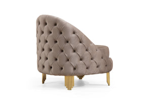 English Elm Vanessa Taupe Button Tufted Velvet Accent Chair with Gold Legs, Coil Spring Seat & Accent Pillow 698781276105