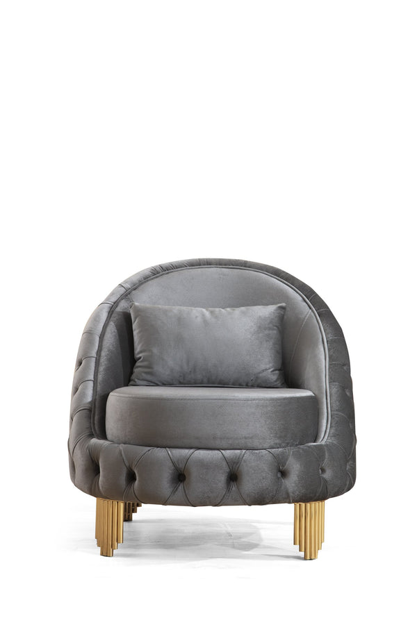 English Elm Chair Luxurious Grey Tufted Velvet Accent with Button Tufting, Coil Spring Seat & Accent Pillows 698781389249