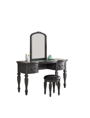 English Elm Bedroom Classic Vanity Set with Carved Mirror, Cushioned Stool & Drawers — Vintage Charm, Elegant Storage Grey 27 L x 59.5 W x 19 H HS00F4005-ID-AHD