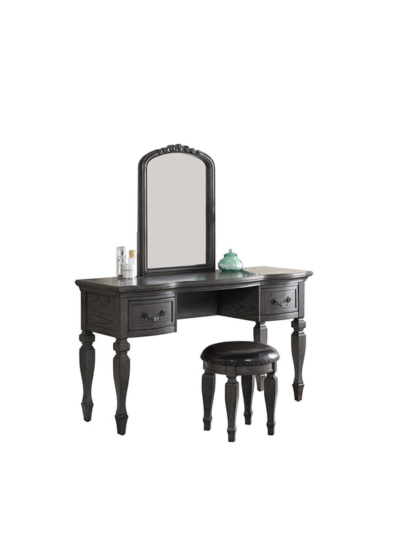 English Elm Bedroom Classic Vanity Set with Carved Mirror, Cushioned Stool & Drawers — Vintage Charm, Elegant Storage Grey 27 L x 59.5 W x 19 H HS00F4005-ID-AHD