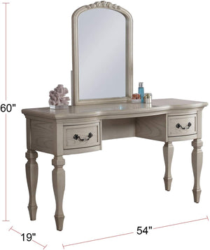 English Elm Bedroom Classic Vanity Set with Carved Mirror, Upholstered Stool & Drawers — Vintage Chic Finish HS00F4010-ID-AHD