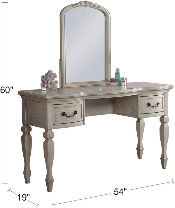English Elm Bedroom Classic Vanity Set with Carved Mirror, Upholstered Stool & Drawers — Vintage Chic Finish HS00F4010-ID-AHD