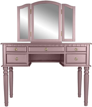 English Elm Bedroom Rose Gold Vanity Set with Foldable Triple Mirror, Plush Stool & 5 Drawers for Luxury Storage HS00F4060-ID-AHD