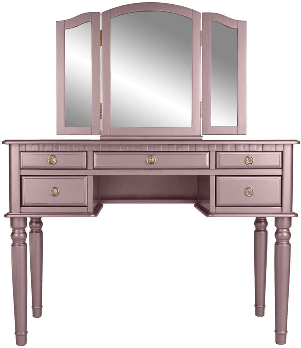 English Elm Bedroom Rose Gold Vanity Set with Foldable Triple Mirror, Plush Stool & 5 Drawers for Luxury Storage HS00F4060-ID-AHD