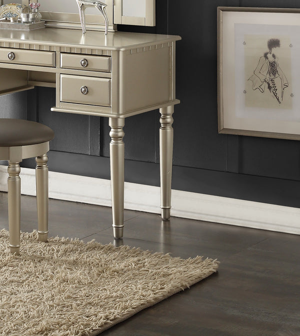 English Elm Bedroom Vanity Set with Foldable Mirror and Stool, Champagne Finish, Classic Hollywood Glam Design, Storage Drawer Silver 48 L x 24 W x 18 H HS00F4079-ID-AHD