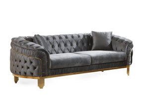 English Elm VANESSA Glam 2PC Sofa & Loveseat Set in Gray Velvet with Gold-Plated Legs, Button-Tufted Luxury Finish B009S01940