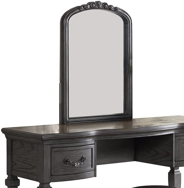 English Elm Bedroom Classic Vanity Set with Carved Mirror, Cushioned Stool & Drawers — Vintage Charm, Elegant Storage Grey 27 L x 59.5 W x 19 H HS00F4005-ID-AHD