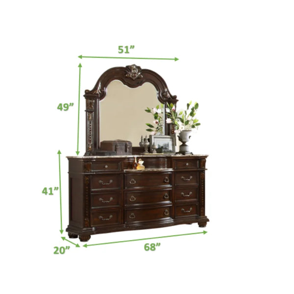 English Elm Traditional Roma 5-Piece King Bedroom Set in Dark Walnut — Button-Tufted Headboard, Marble Top Nightstand, 11-Drawer Dresser with Beveled Mirror B009S01257