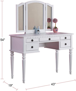 English Elm Bedroom Vanity Set with Foldable Mirror and Stool, Champagne Finish, Classic Hollywood Glam Design, Storage Drawer White 48 L x 25 W x 18 H HS00F4074-ID-AHD