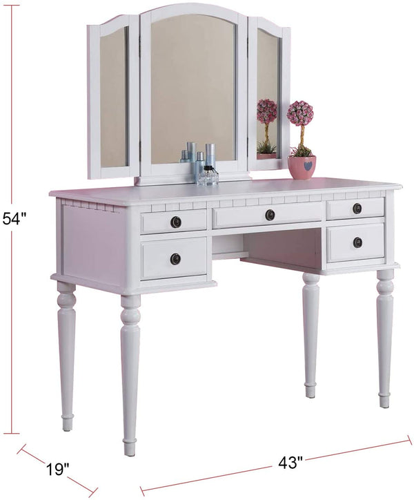 English Elm Bedroom Vanity Set with Foldable Mirror and Stool, Champagne Finish, Classic Hollywood Glam Design, Storage Drawer White 48 L x 25 W x 18 H HS00F4074-ID-AHD