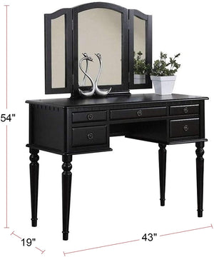 English Elm Bedroom Vanity Set with Foldable Mirror and Stool, Champagne Finish, Classic Hollywood Glam Design, Storage Drawer Black 48 L x 24 W x 18 H HS00F4072-ID-AHD