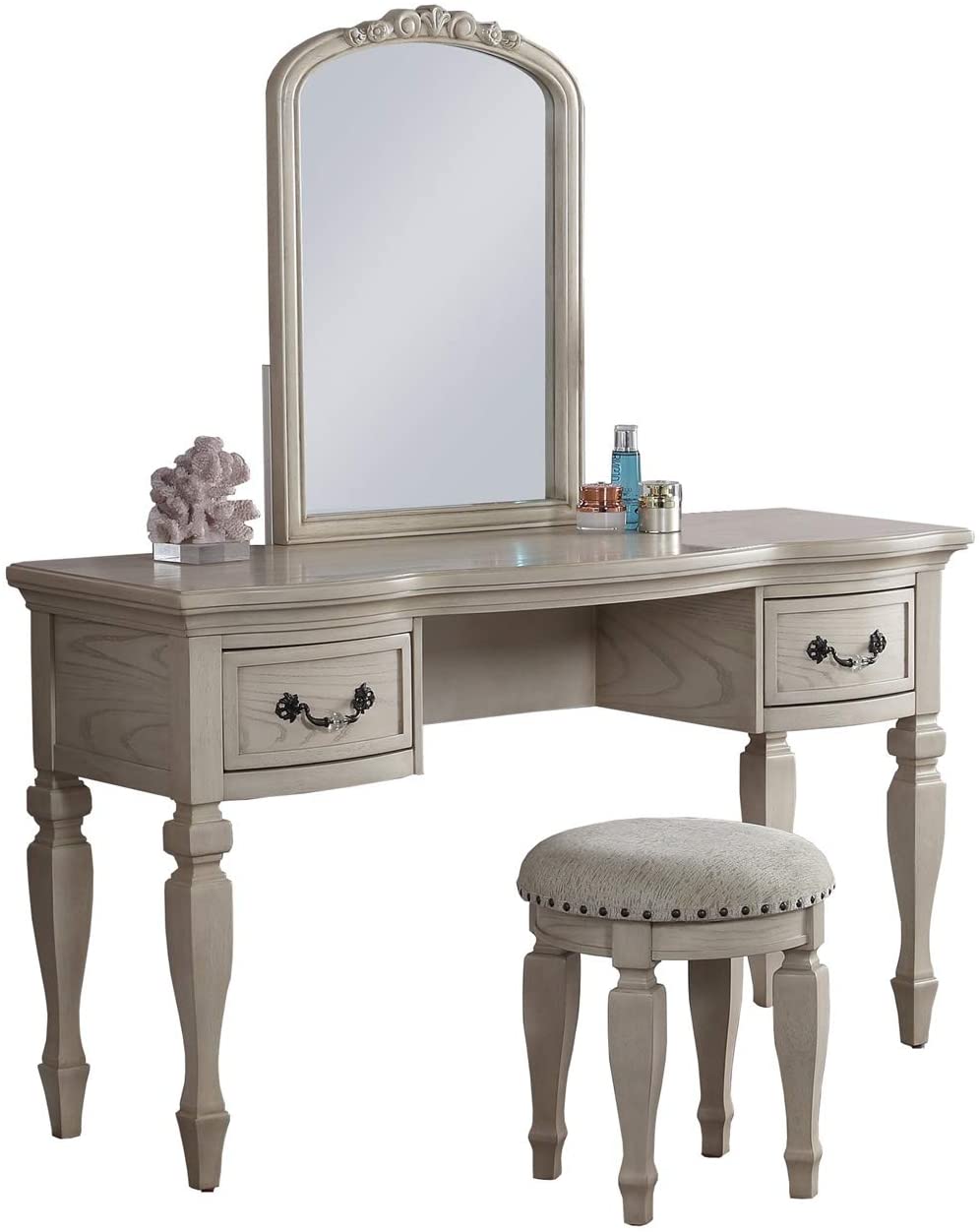 English Elm Bedroom Classic Vanity Set with Carved Mirror, Upholstered Stool & Drawers — Vintage Chic Finish HS00F4010-ID-AHD