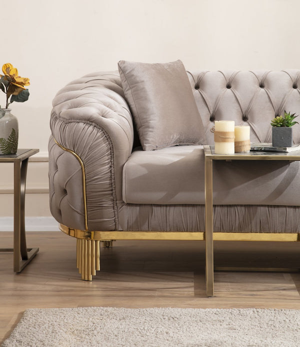 English Elm VANESSA Glam 3PC Taupe Living Room Set – Velvet Button-Tufted Sofa, Loveseat & Chair w/ Gold Legs B009S01943