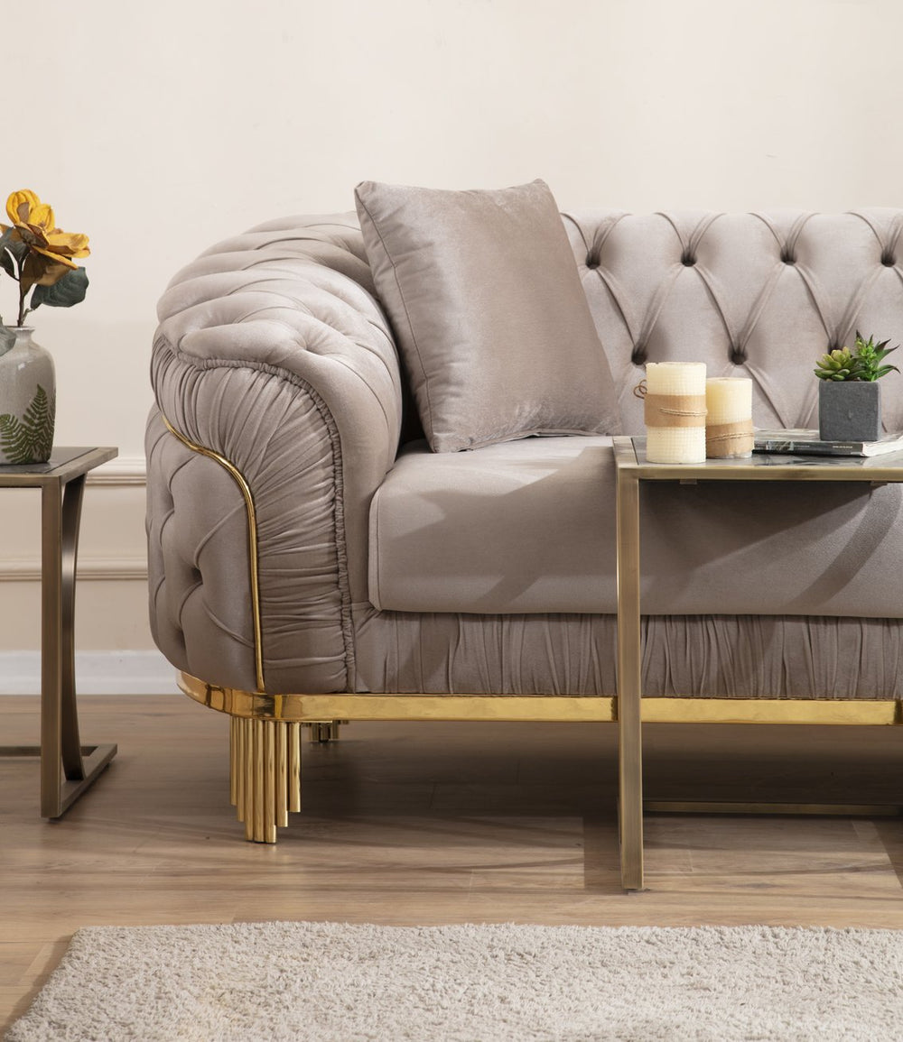 English Elm Vanessa Velvet Button Tufted Sofa Taupe with Gold Waterfall Legs, Flared Arms, Coil Springs & 2 Pillows 698781110416