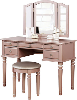English Elm Bedroom Rose Gold Vanity Set with Foldable Triple Mirror, Plush Stool & 5 Drawers for Luxury Storage HS00F4060-ID-AHD