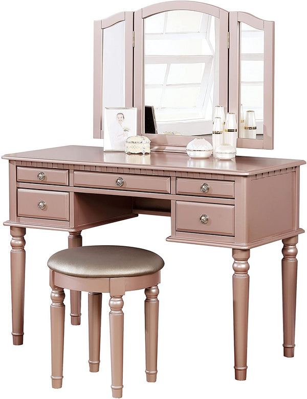 English Elm Bedroom Rose Gold Vanity Set with Foldable Triple Mirror, Plush Stool & 5 Drawers for Luxury Storage HS00F4060-ID-AHD