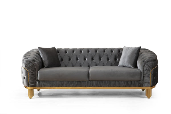 English Elm VANESSA Glam 3PC Living Room Set in Gray Velvet with Gold-Plated Legs, Tufted Waterfall Design B009S01336