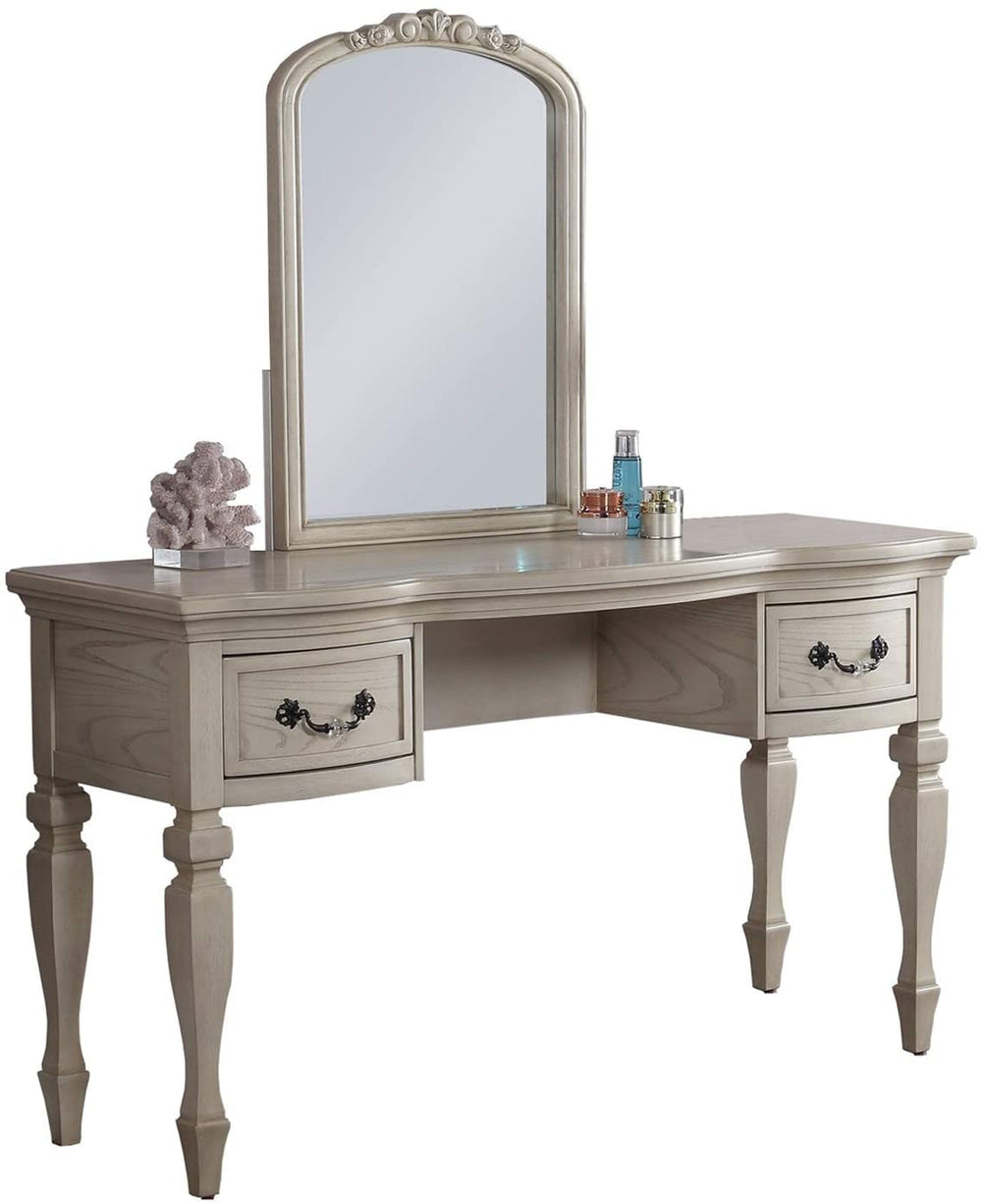 English Elm Bedroom Classic Vanity Set with Carved Mirror, Upholstered Stool & Drawers — Vintage Chic Finish HS00F4010-ID-AHD