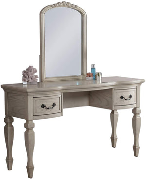 English Elm Bedroom Classic Vanity Set with Carved Mirror, Upholstered Stool & Drawers — Vintage Chic Finish HS00F4010-ID-AHD