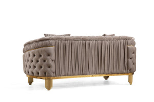 English Elm VANESSA Glam Transitional 2PC Sofa & Loveseat Set in Taupe with Gold-Plated Legs, Tufted Waterfall Design 698781347744
