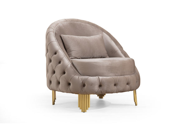 English Elm Vanessa Taupe Button Tufted Velvet Accent Chair with Gold Legs, Coil Spring Seat & Accent Pillow 698781276105