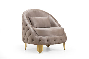 English Elm Vanessa Velvet Button Tufted Accent Chair in Taupe with Gold Legs, Flared Arms & Coil Spring Comfort G150109205
