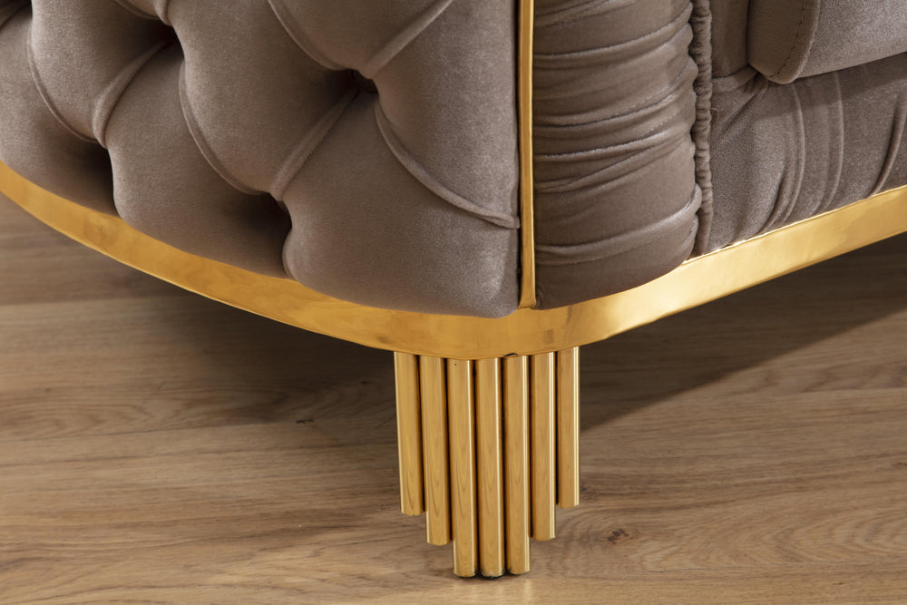 English Elm Vanessa Taupe Velvet Button Tufted Sofa with Gold Waterfall Legs, Flared Arms & 2 Pillows, Luxe G150109201