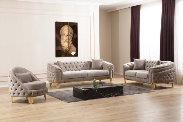 English Elm VANESSA Glam 3PC Taupe Living Room Set – Velvet Button-Tufted Sofa, Loveseat & Chair w/ Gold Legs B009S01943