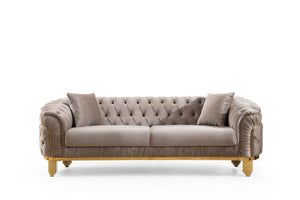English Elm Vanessa Velvet Button Tufted Sofa Taupe with Gold Waterfall Legs, Flared Arms, Coil Springs & 2 Pillows 698781110416