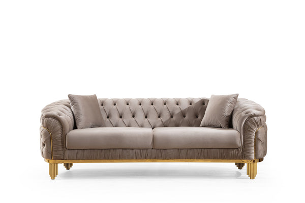 English Elm VANESSA Glam 2PC Taupe Sofa & Loveseat Set with Gold-Plated Legs, Button Tufted Waterfall Design B009S01941