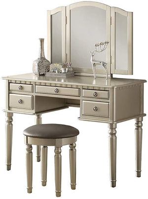 English Elm Bedroom Vanity Set with Foldable Mirror and Stool, Champagne Finish, Classic Hollywood Glam Design, Storage Drawer Silver 48 L x 24 W x 18 H HS00F4079-ID-AHD