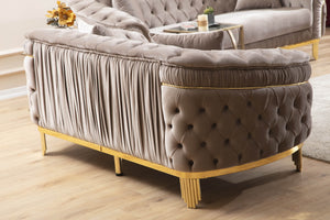 English Elm VANESSA Glam 3PC Taupe Living Room Set – Velvet Button-Tufted Sofa, Loveseat & Chair w/ Gold Legs B009S01943