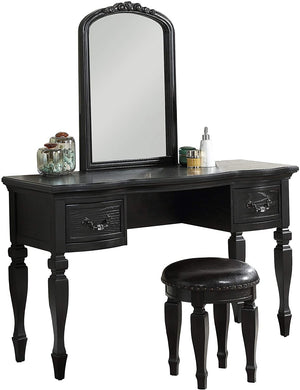 English Elm Bedroom Classic Vanity Set with Carved Mirror, Cushioned Stool & Drawers — Vintage Charm, Elegant Storage Black 27 L x 59.5 W x 19 H HS00F4009-ID-AHD