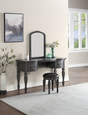 English Elm Bedroom Classic Vanity Set with Carved Mirror, Cushioned Stool & Drawers — Vintage Charm, Elegant Storage Grey 27 L x 59.5 W x 19 H HS00F4005-ID-AHD