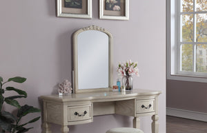 English Elm Bedroom Classic Vanity Set with Carved Mirror, Upholstered Stool & Drawers — Vintage Chic Finish HS00F4010-ID-AHD